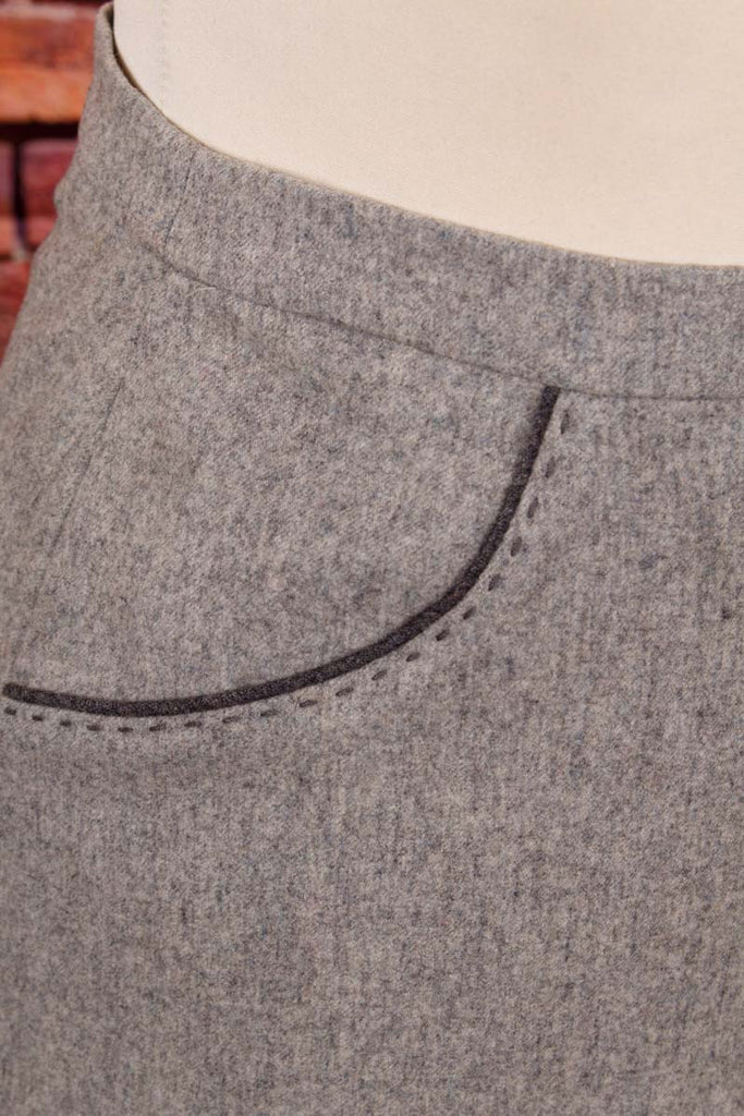 Wollrock grau Taschen 70er 80er Frau grau M 40-42 Rockabilly Sekretärin Special vintageberlin.de