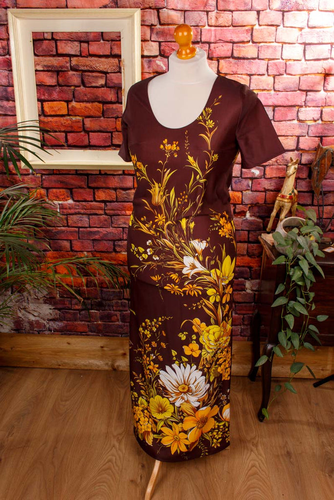 70er Maxikleid braun Blumenmuster 70er Boho braun bunt Frau M 40-42 real-boho Schlager Special vintageberlin.de