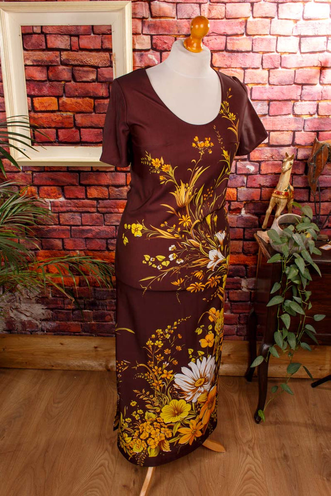 70er Maxikleid braun Blumenmuster 70er Boho braun bunt Frau M 40-42 real-boho Schlager Special vintageberlin.de
