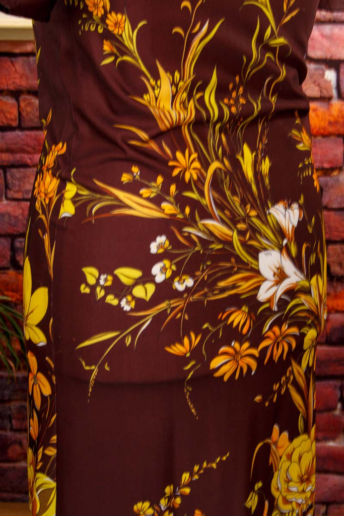 70er Maxikleid braun Blumenmuster 70er Boho braun bunt Frau M 40-42 real-boho Schlager Special vintageberlin.de