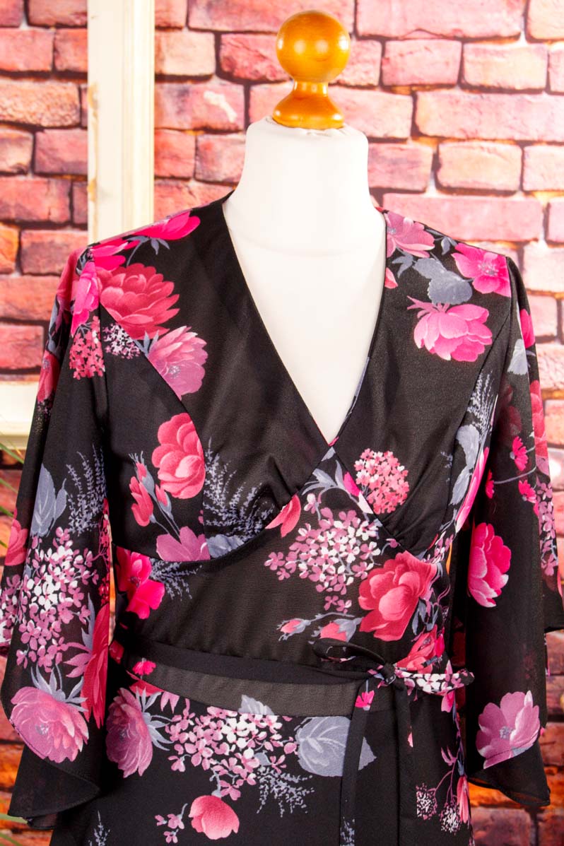 70er Boho Maxikleid schwarz pink