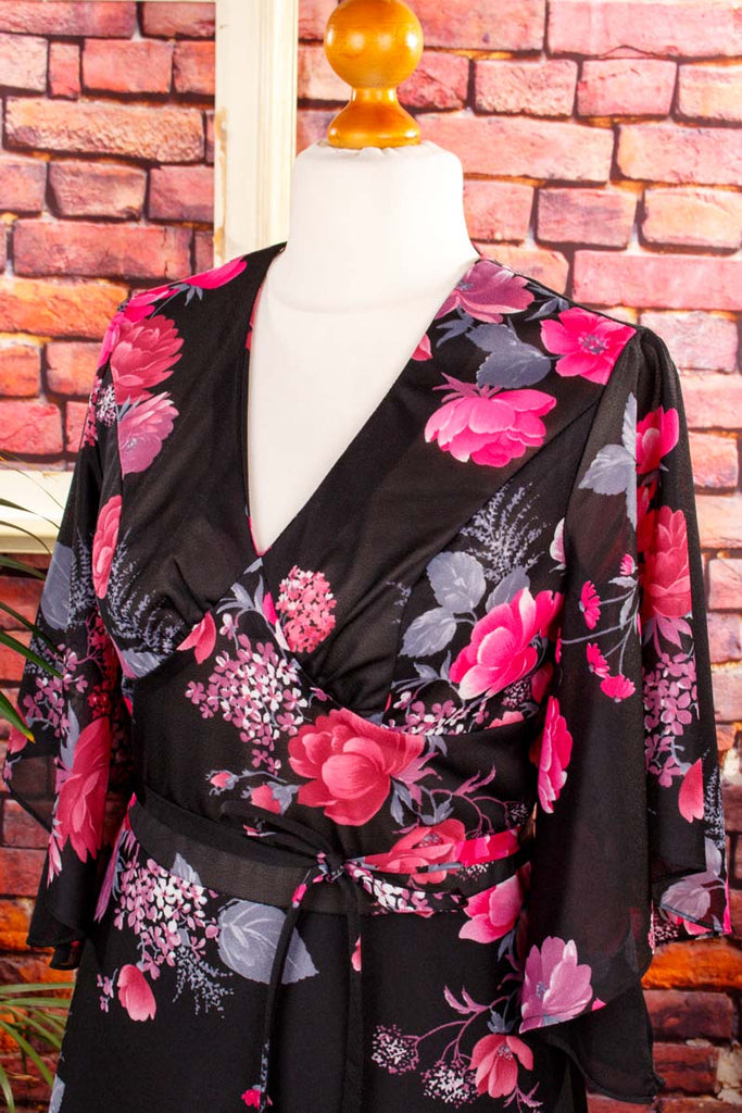 70er Boho Maxikleid schwarz pink