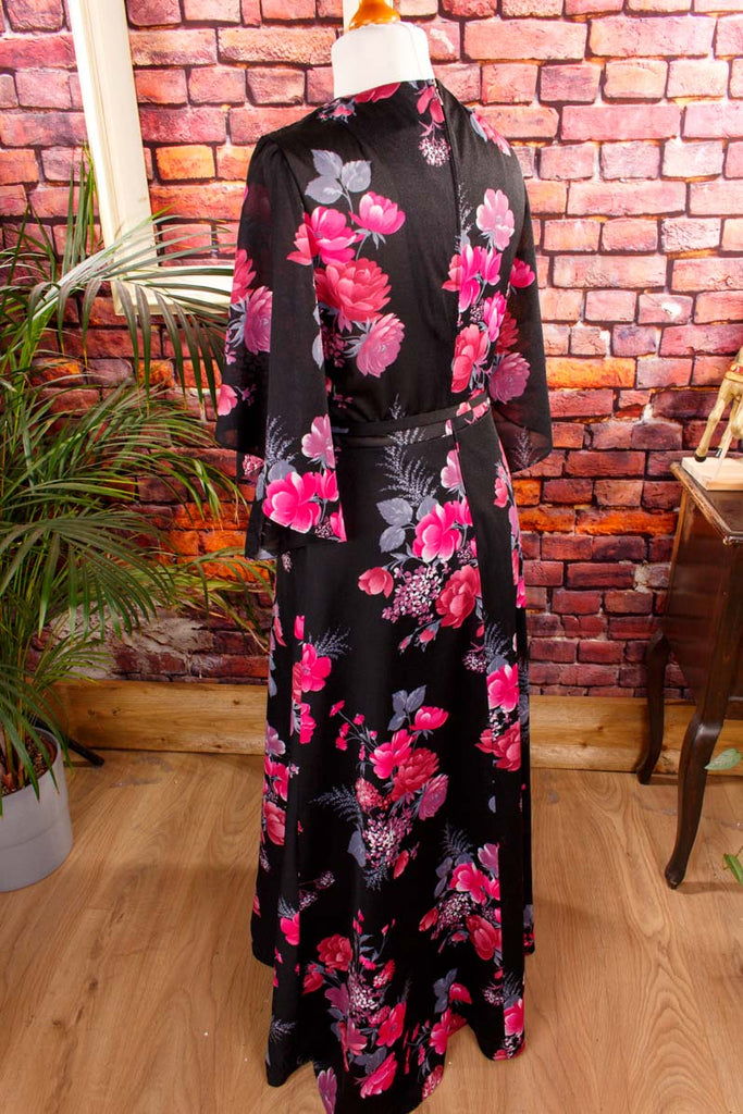 70er Boho Maxikleid schwarz pink