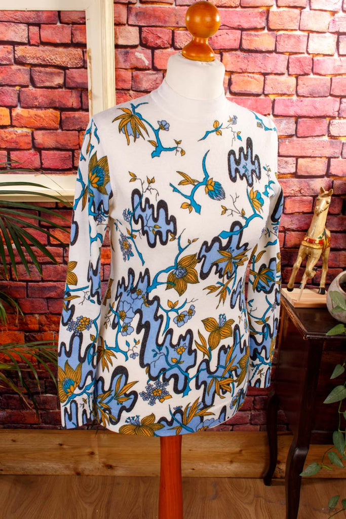 70s Langarm Shirt Strick bunt Muster 70er blau Boho bunt Disco Frau Hippie M 40-42 Schlager Special weiß vintageberlin.de