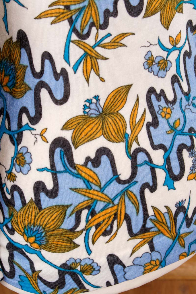 70s Langarm Shirt Strick bunt Muster 70er blau Boho bunt Disco Frau Hippie M 40-42 Schlager Special weiß vintageberlin.de