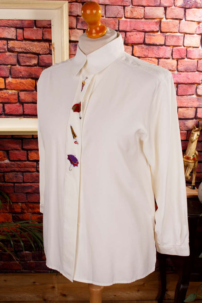 weiße Bluse Regenschirm Motiv 80er 90er Boho Frau M 40-42 S 36-38 Sekretärin Special weiß vintageberlin.de