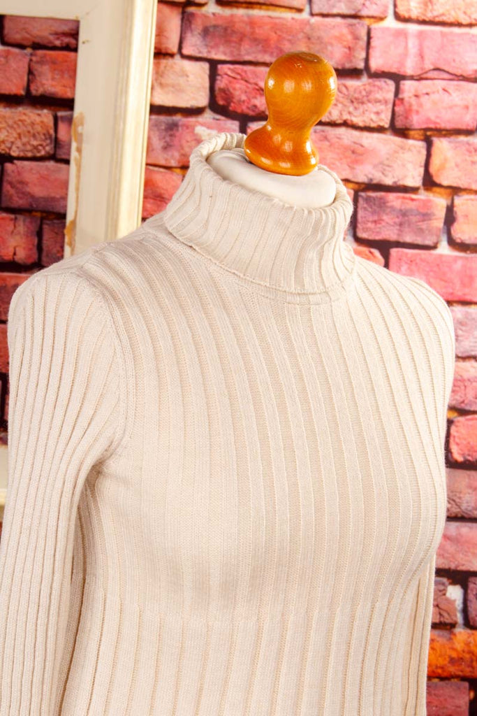 Vintage Benetton Strickkleid Wollmix 90er beige Designer Disco Frau S 36-38 Special vintageberlin.de