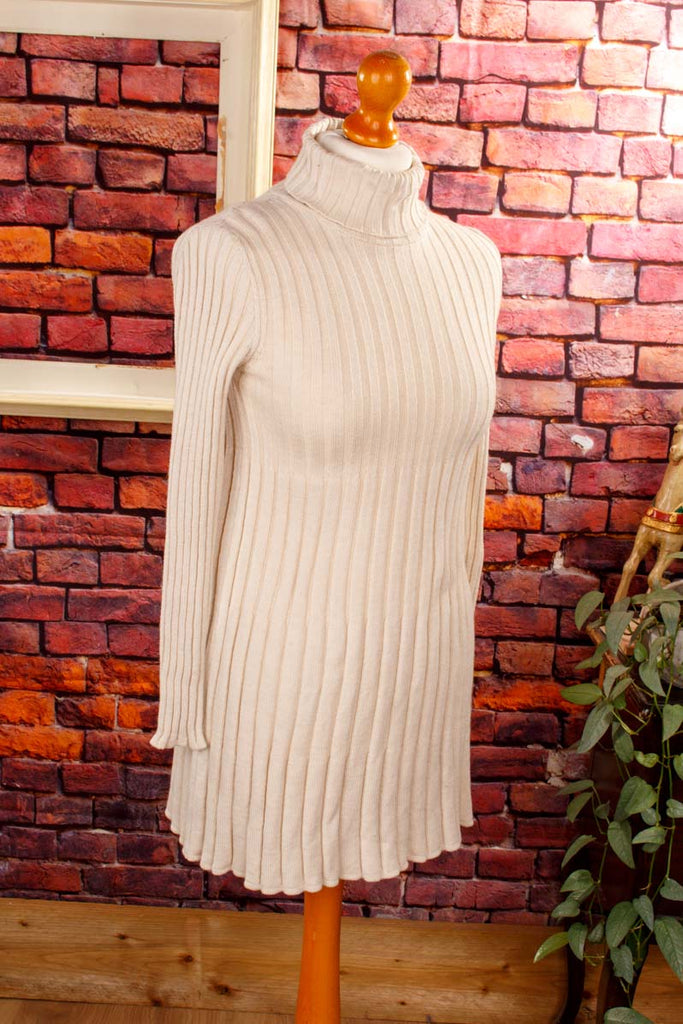 Vintage Benetton Strickkleid Wollmix 90er beige Designer Disco Frau S 36-38 Special vintageberlin.de