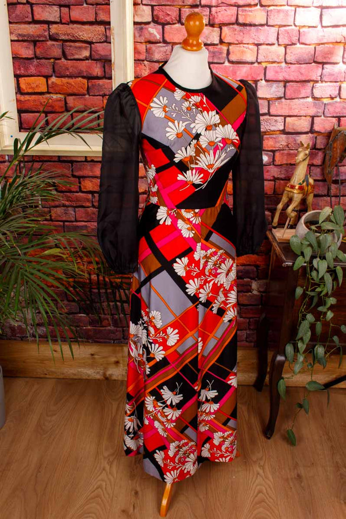 70s Boho Maxikleid schwarz Blumen