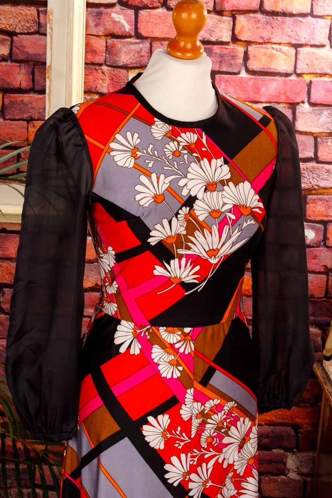 70s Boho Maxikleid schwarz Blumen