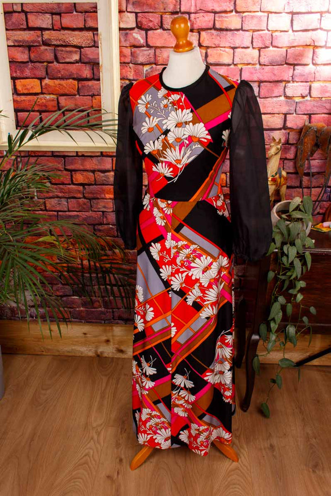 70s Boho Maxikleid schwarz Blumen