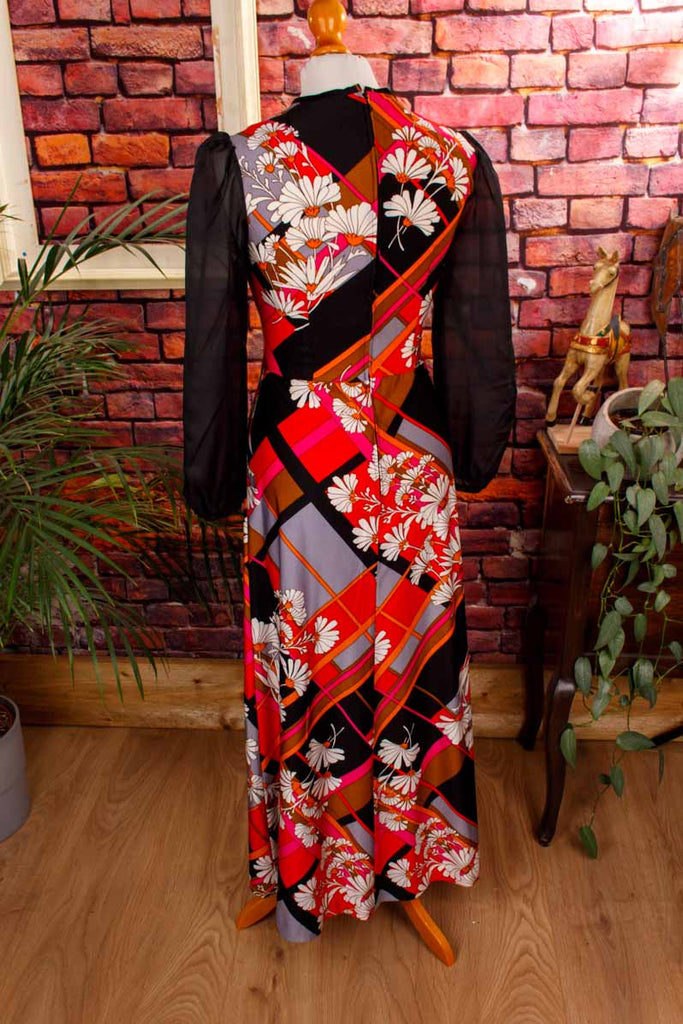 70s Boho Maxikleid schwarz Blumen