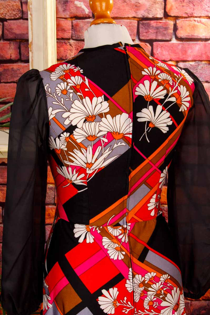 70s Boho Maxikleid schwarz Blumen