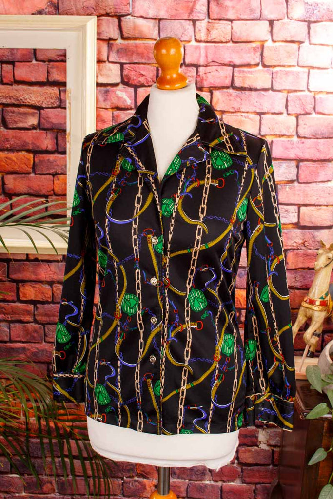 70s Bluse bunt Gürtelmuster