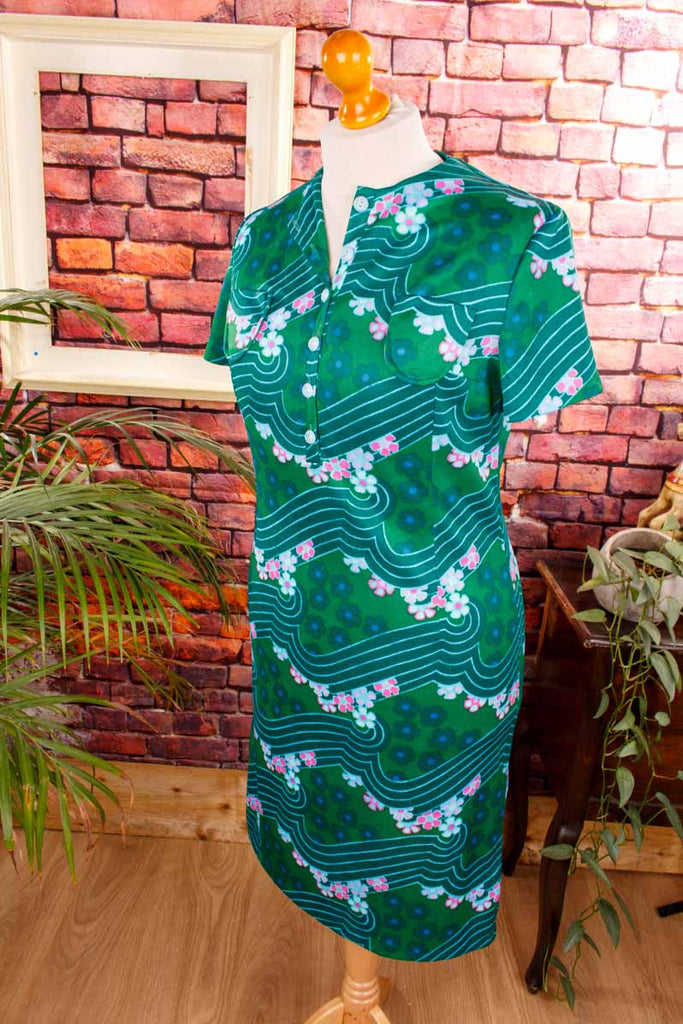 60s Disco Stretchkleid grün Wellen