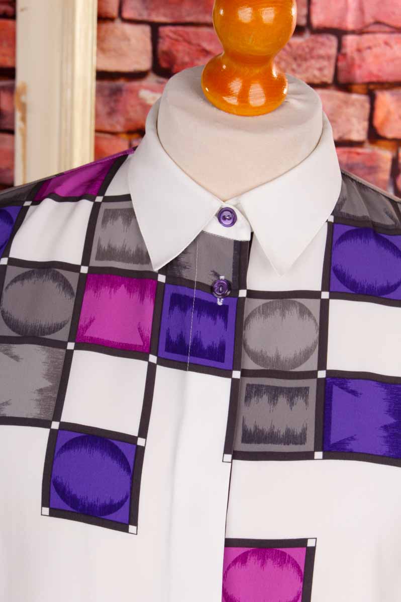 90er Bluse weiß lila Quadrate