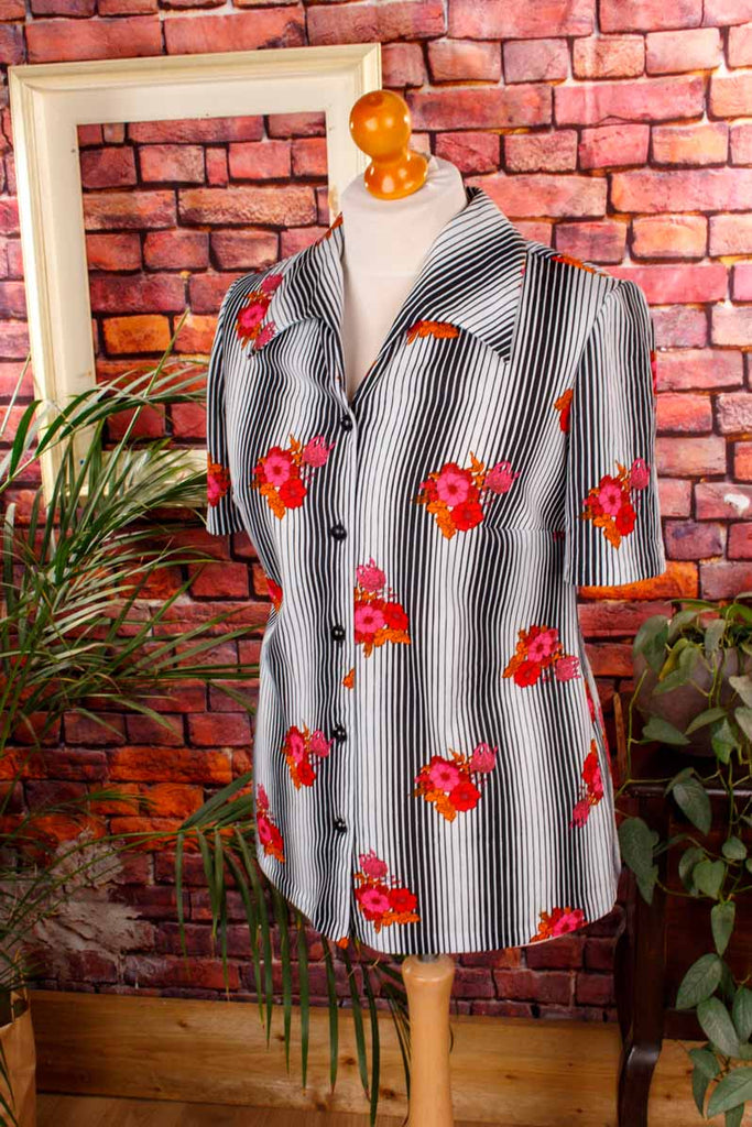 70s Bluse Streifen und Blumen