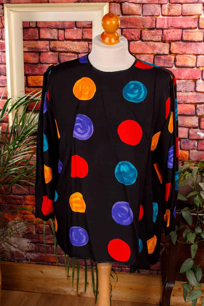 80s Viskose Top schwarz bunt Punkte