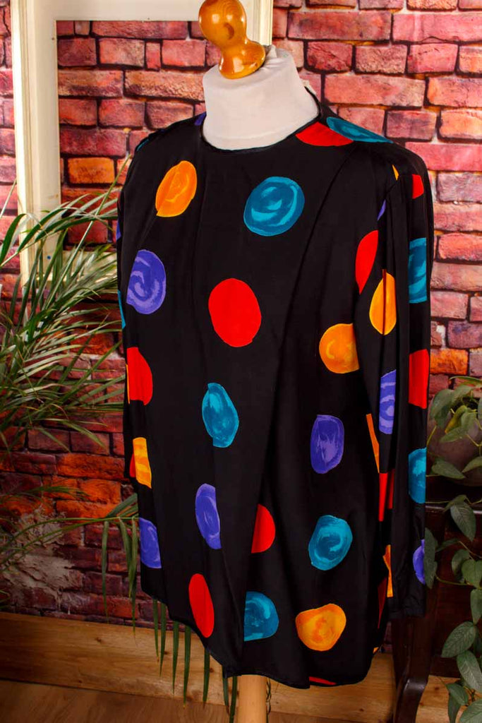 80s Viskose Top schwarz bunt Punkte