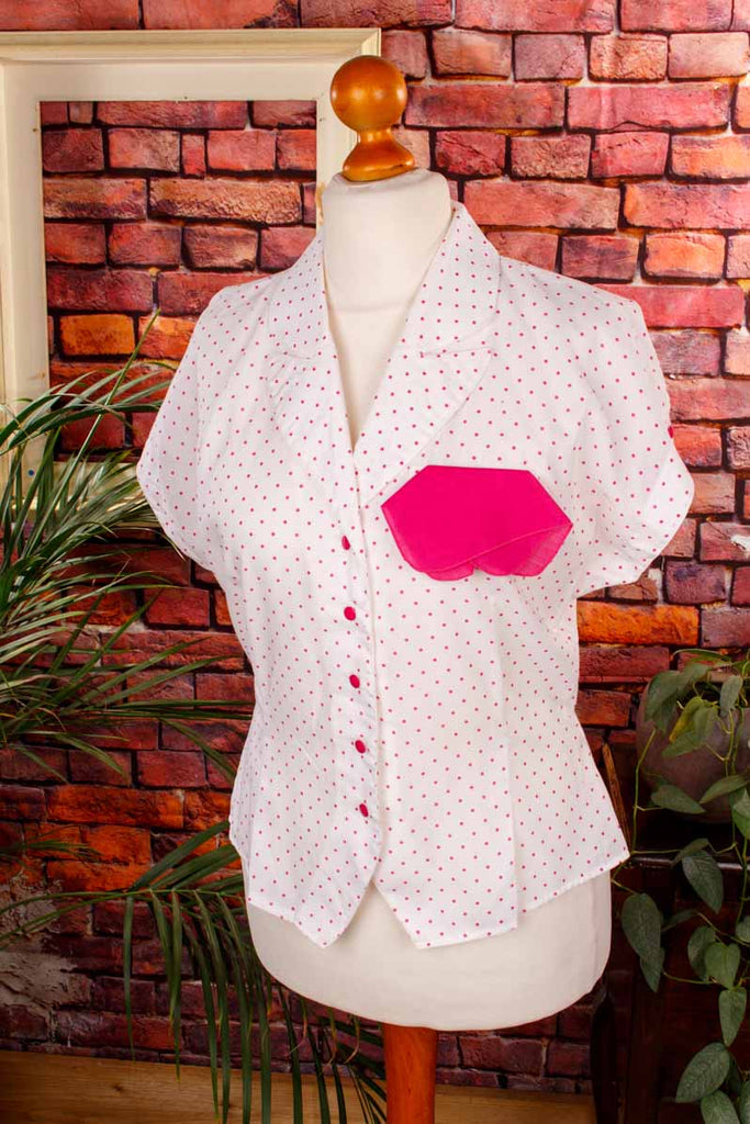 80s Disco Bluse weiß pink Punkte