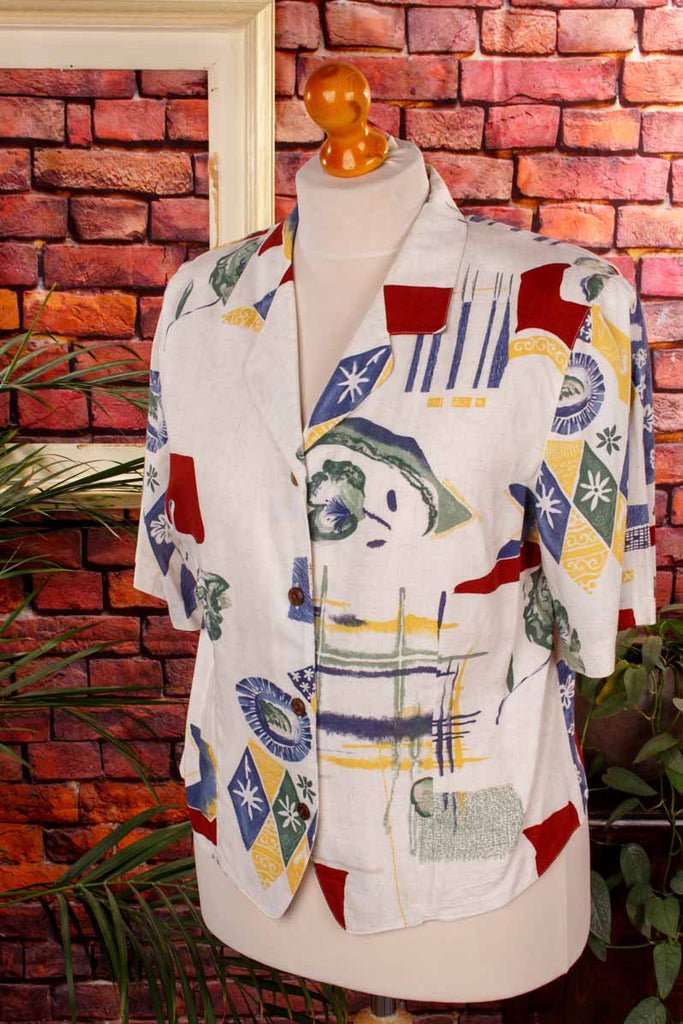 Kurzarm 90s Bluse bunt Leinenmix