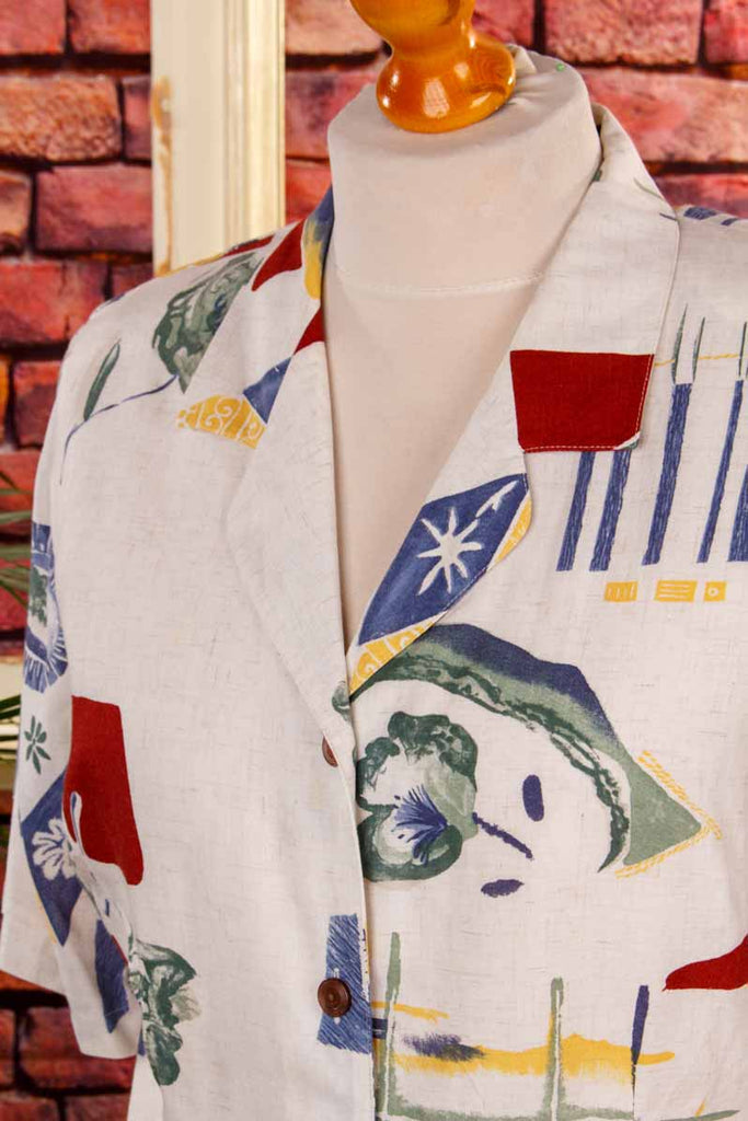 Kurzarm 90s Bluse bunt Leinenmix