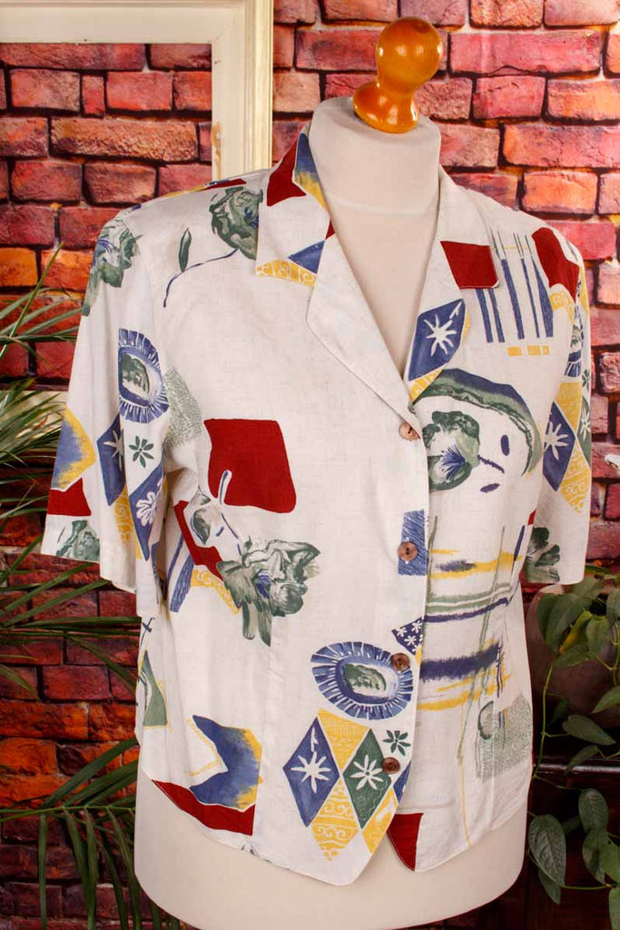 Kurzarm 90s Bluse bunt Leinenmix