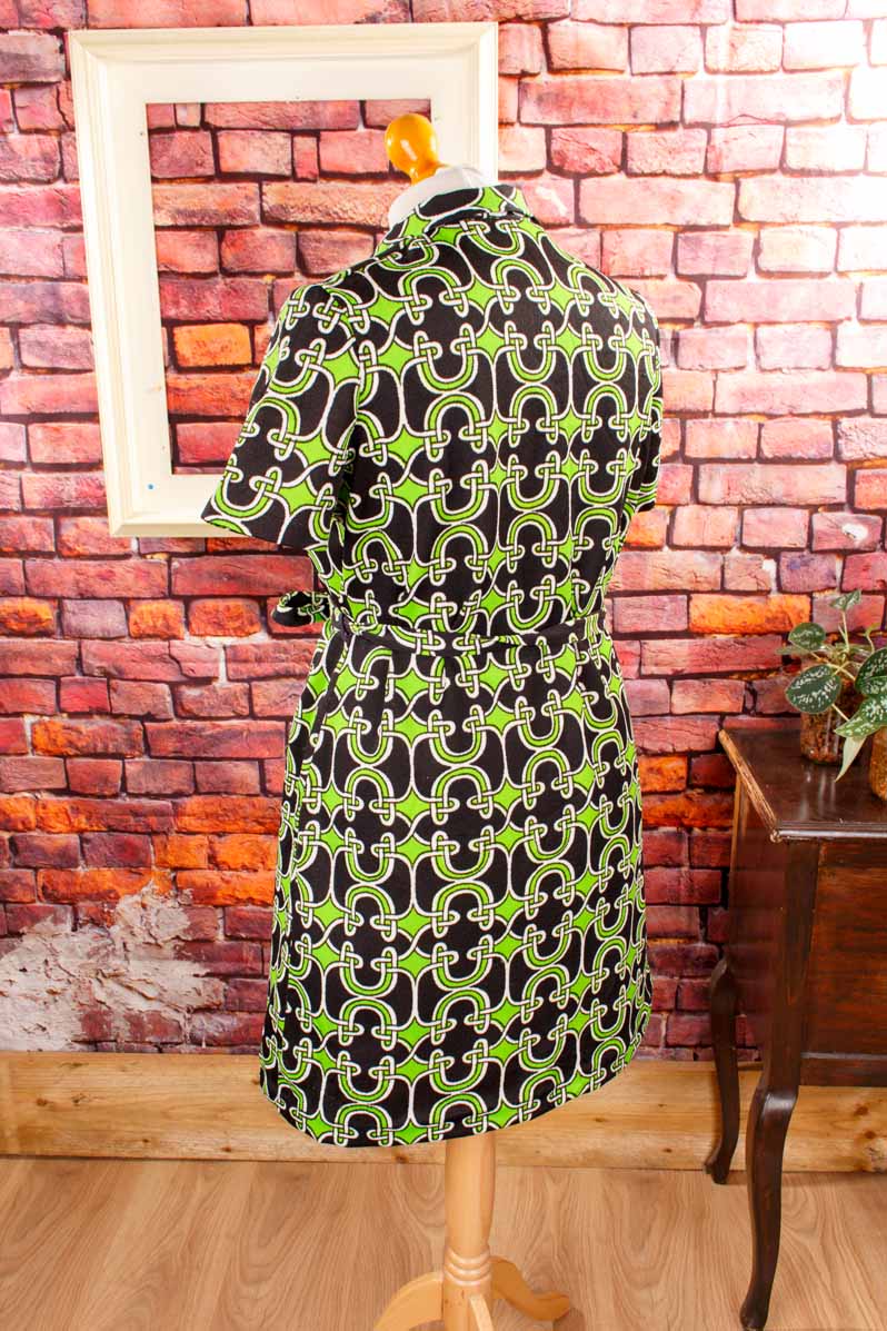 70er Stretchkleid grün schwarz Muster