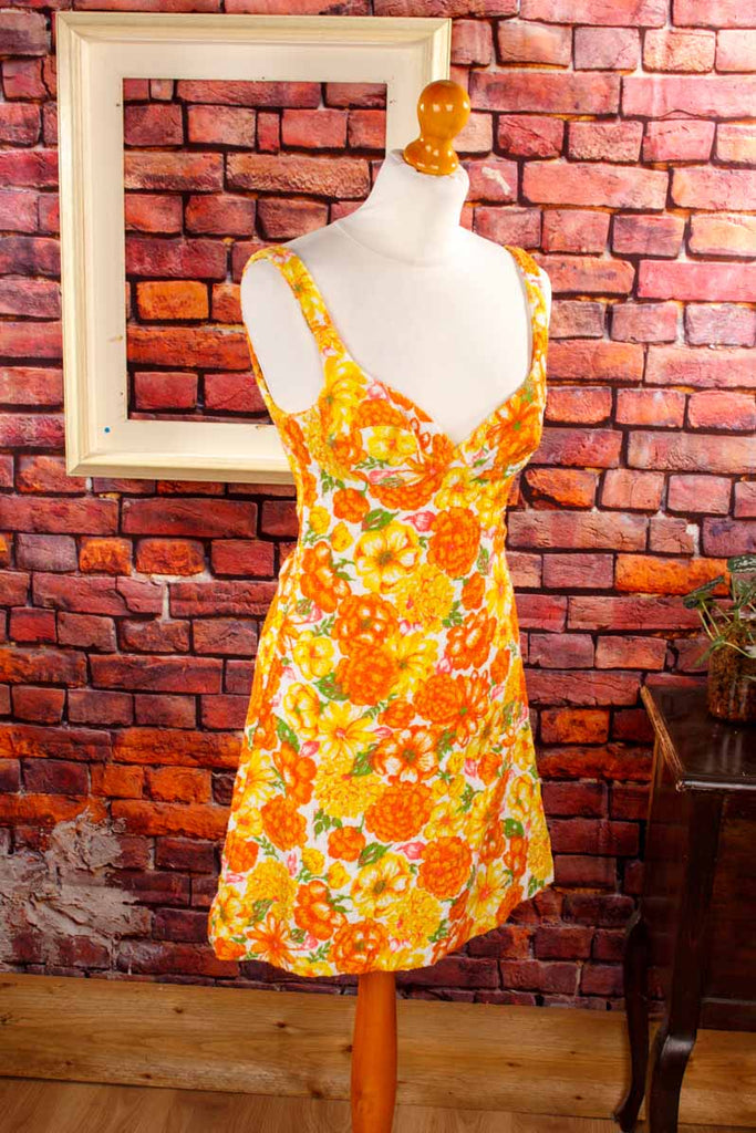 60s Frotteekleid orange Blumen