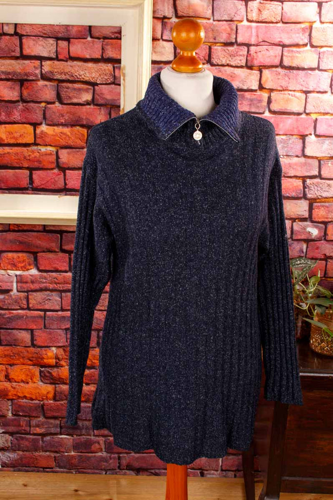 Wolle-Seide Pullover blau Rippmuster