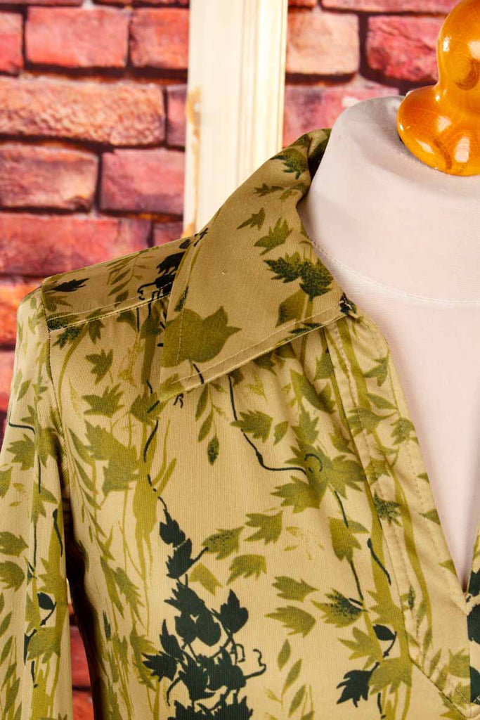 70s Stretchbluse grün Blättermuster