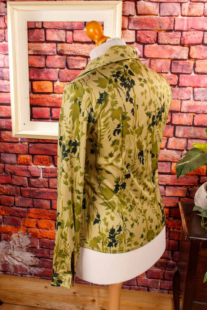 70s Stretchbluse grün Blättermuster
