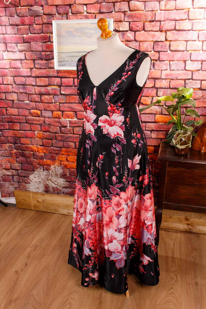 70s Maxikleid schwarz pink Blumen