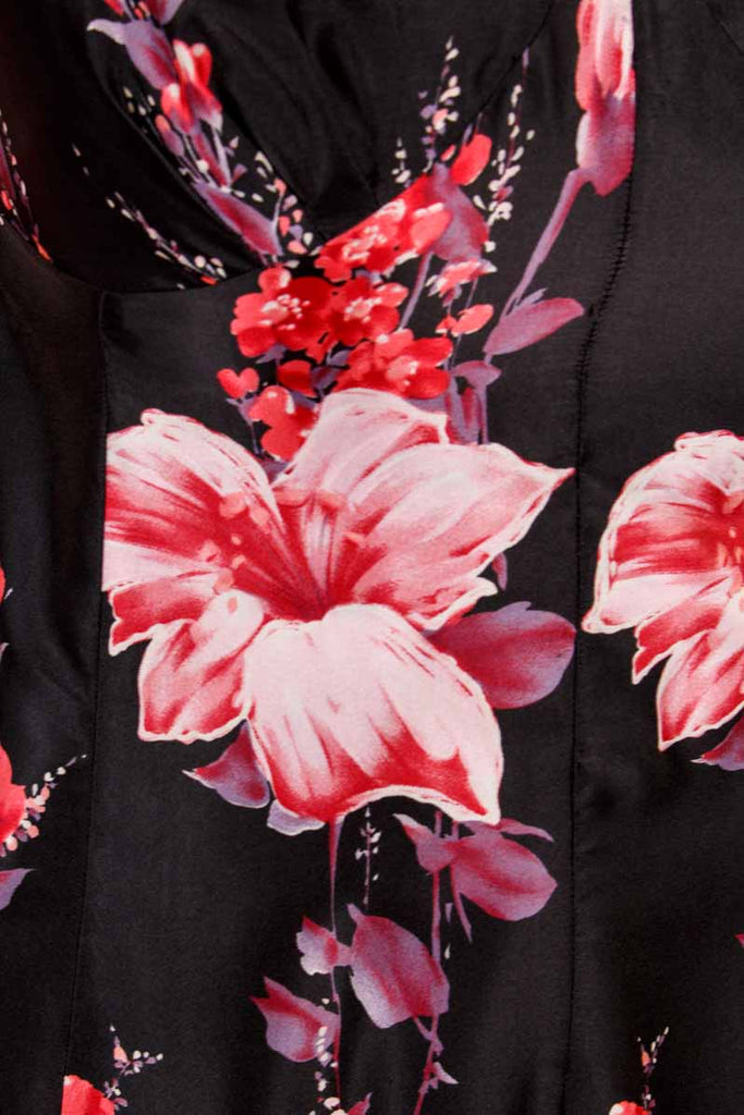 70s Maxikleid schwarz pink Blumen