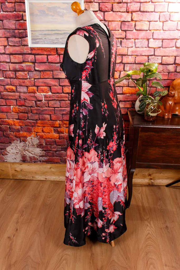 70s Maxikleid schwarz pink Blumen