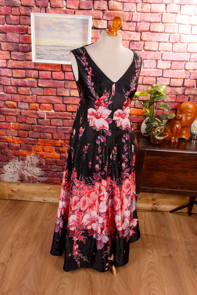70s Maxikleid schwarz pink Blumen