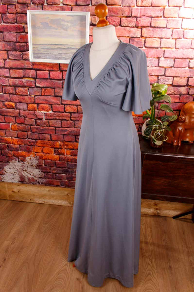 70s Boho Maxikleid silbergrau