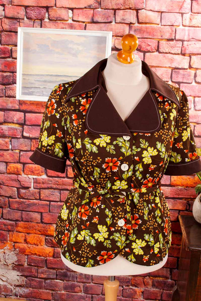 70s Schlager Bluse Jacke braun Blumen