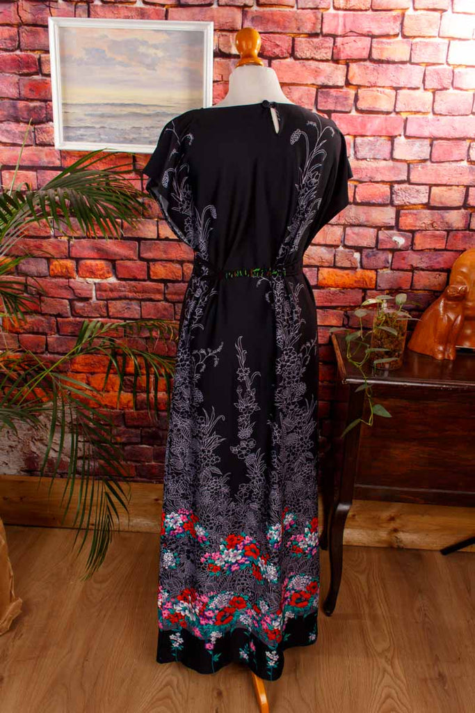70s Maxikleid schwarz bunt schmal