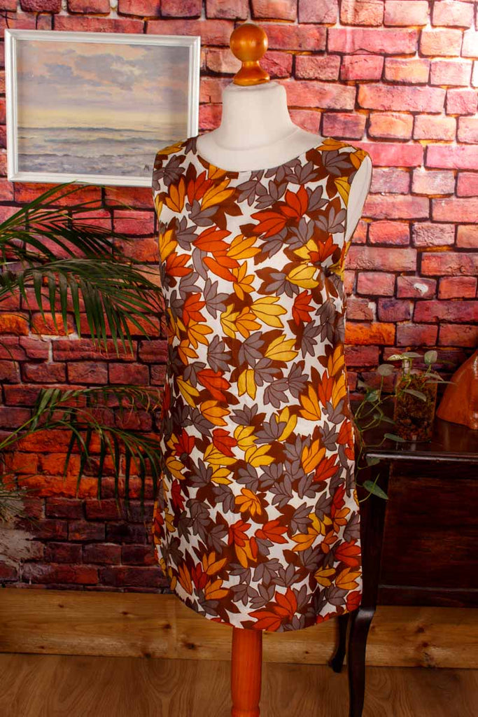 60s Shiftkleid braun Blättermuster