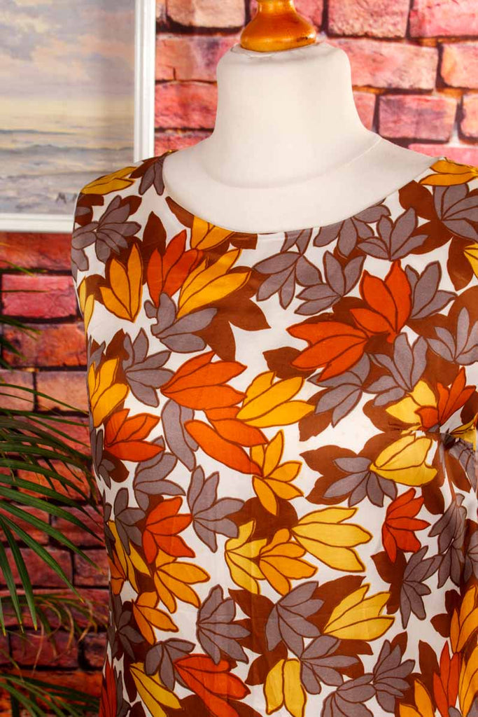 60s Shiftkleid braun Blättermuster