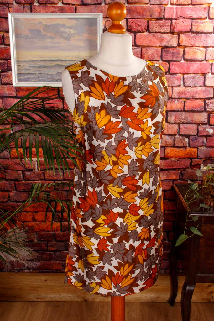 60s Shiftkleid braun Blättermuster