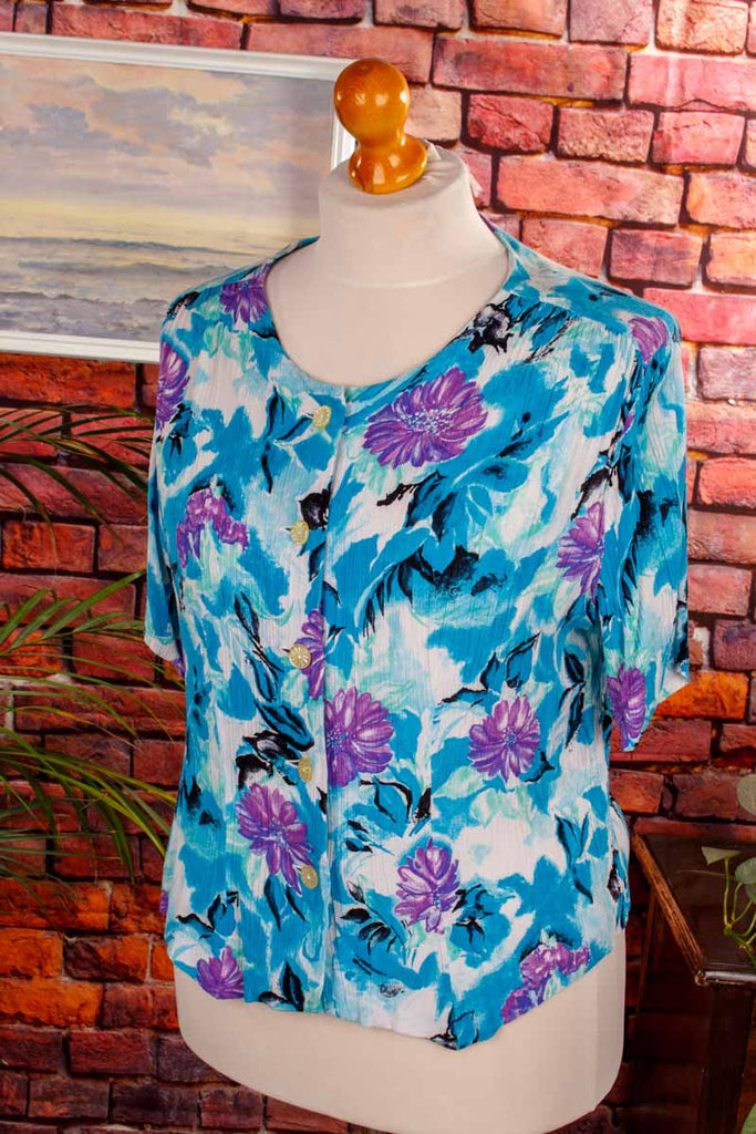 80s Viskosebluse blau Blumen