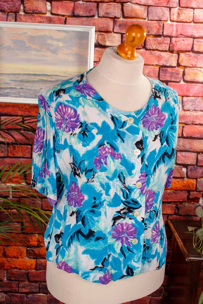 80s Viskosebluse blau Blumen
