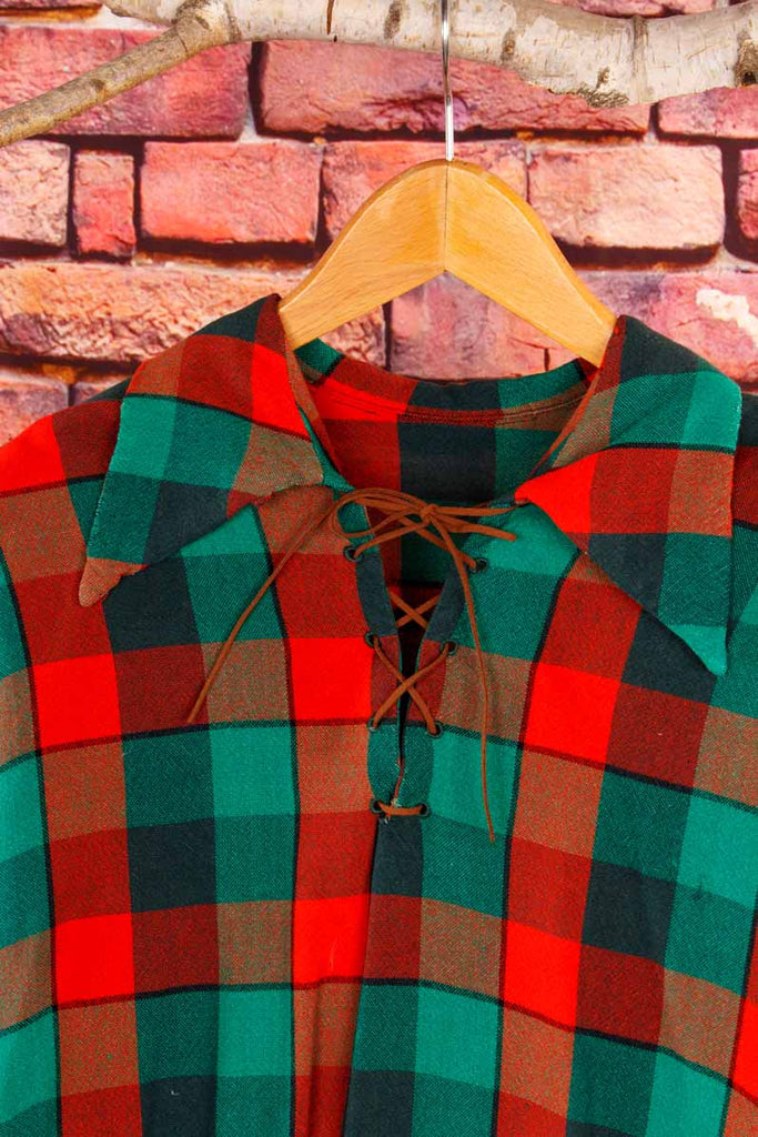 70s Schnür-Shirt rot grün kariert