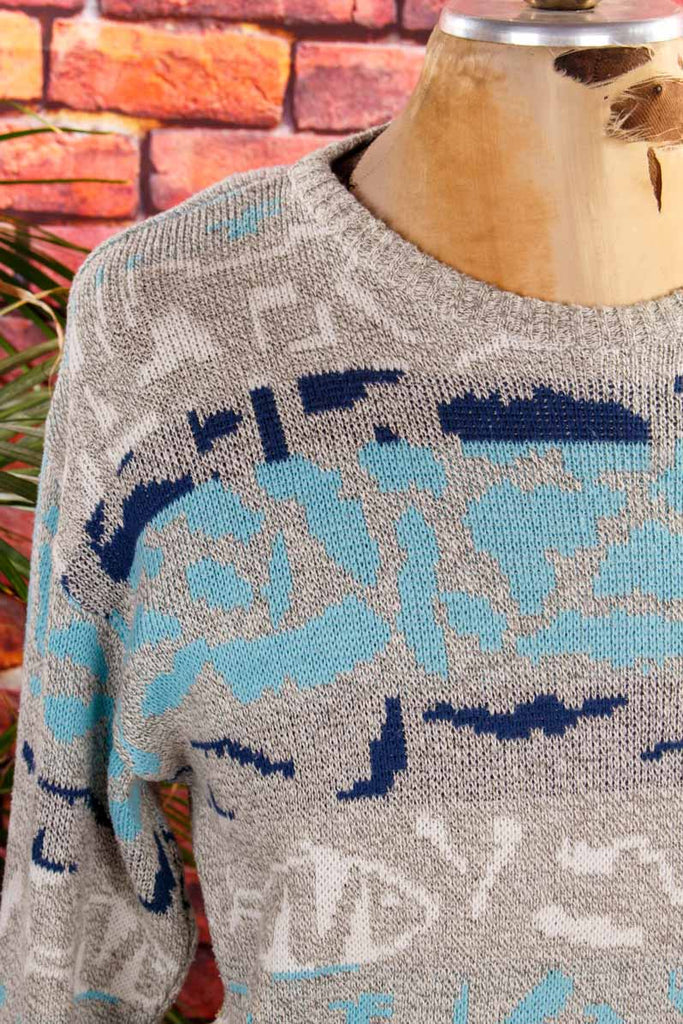 80er Jahre Pullover blau grau