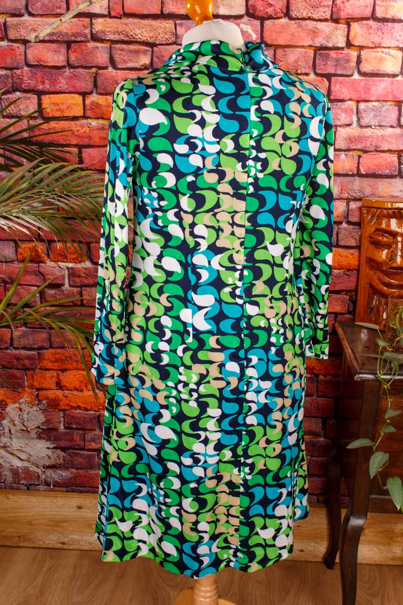 70s Stretchkleid grün blau Muster