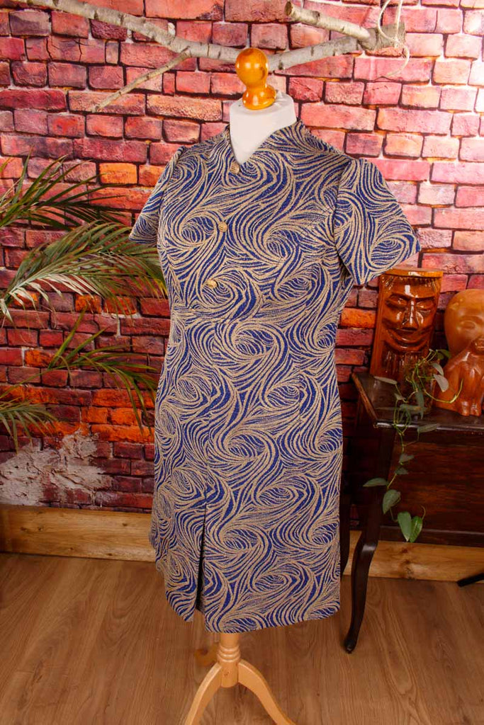 60s Brokat Kleid blau gold