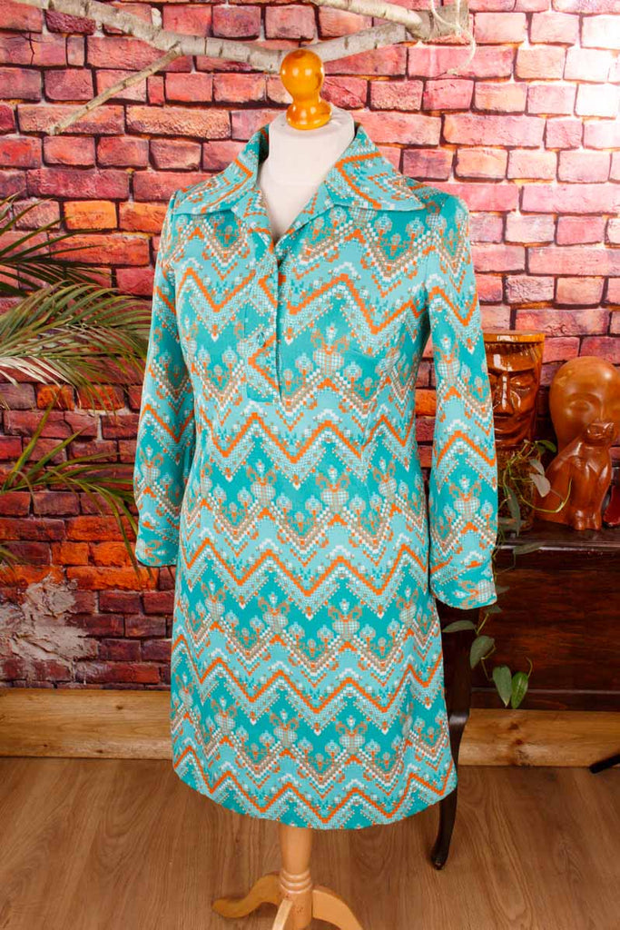 70s Schlagerkleid türkis Muster