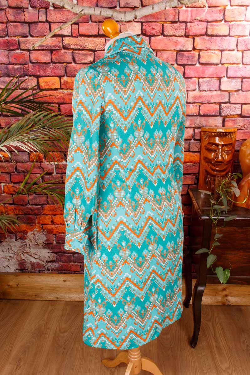 70s Schlagerkleid türkis Muster